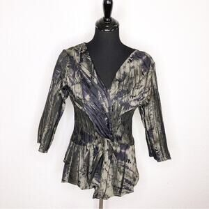 Babette SF Pleated Abstract Print V-Neck Top Size Small Olive Purple
